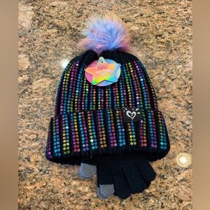 Justice Winter Sequin Set With Beanie Pom Hat and Touch Screen Gloves New